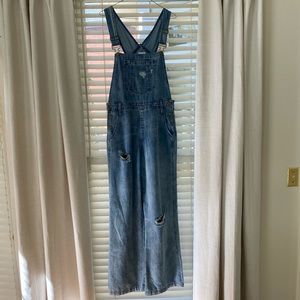 Wide Leg Distressed Denim Overalls